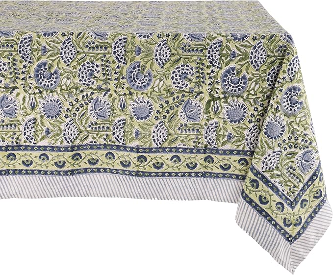 ATOSII Amara Green 100% Cotton Square Fall Tablecloth, Handblock Floral Print Linen Table Cloth for Kitchen Dining I Weddings, Outdoors, Parties, Easter I Fall Decor 60 X 60 Inches I 4 Seater