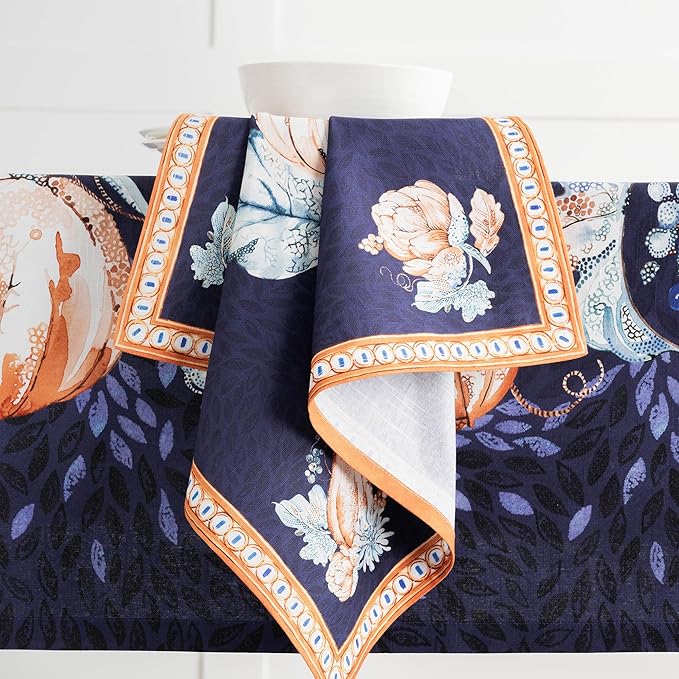 Maison d' Hermine Cloth Napkins Set of 4 100% Cotton for Thanksgiving Christmas Decorations Everyday Reusable Square Fall Napkins Cloth Washable Dinner Party (Pumpkin Blues, 20"x20")