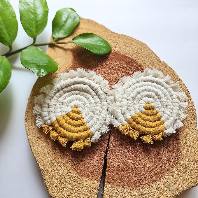 Cotton Car Coasters for Cup Holders, 2PC Car Cup Coasters, Drink Coaster Holder, Cute cupholder Coaster Accessories for Women, Macrame, Boho (Golden Glow)