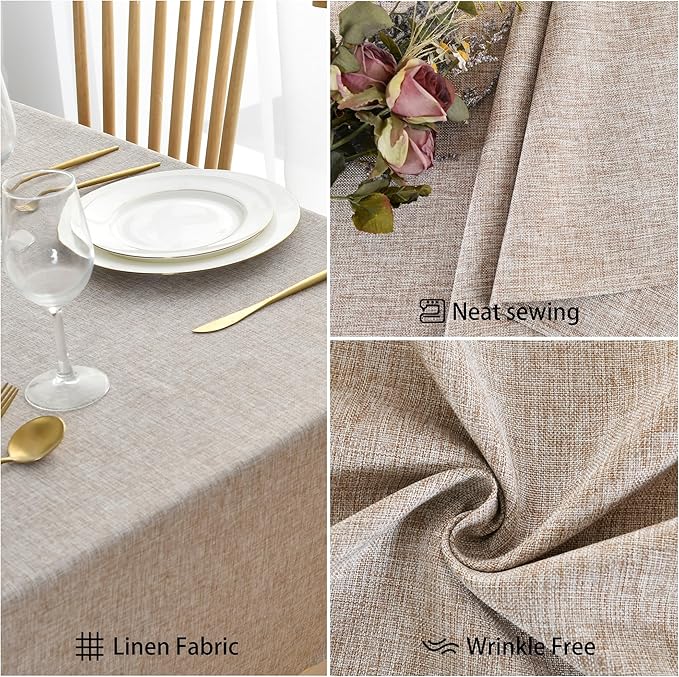 JIUZHEN Rectangle Table Cloth Faux Linen Farmhouse Tablecloth Wrinkle and Stain Resistant Decorative Fabric Table Cover for Kitchen, Dining Room, Parties and Camping, Stone, 60 x 102 Inch