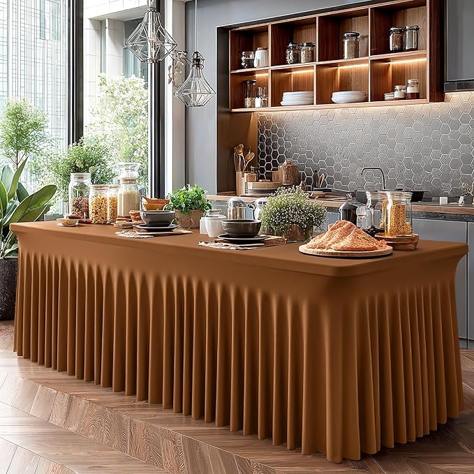 2 Packs Brown Spandex Tableclothes for 8 Foot Rectangle Table, Spandex Table Covers 8FT Stretch Table Skirts Wrinkle Free Fitted Table Cloth for Event, Wedding, Banquet & Parties