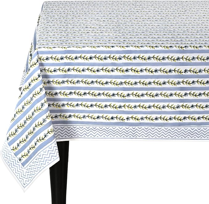 Ridhi Hand Block Print Dolphin Gray Rectangle Cotton Tablecloth 108" x 70" Reusable Table Cover Decorative Everyday Use for Dining, Farmhouse, Home Gift for Spring, Easter, Valentine