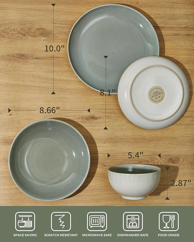 24 Piece Double Bowl Dinnerware Sets with Pasta Bowls, Highly Chip and Crack Resistant Plates and Bowls Sets, Natural Earthyware Ceramic Dishware Sets, Service for 6 Gradient Green