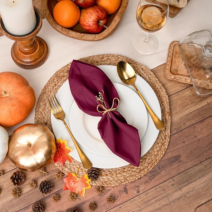 Blue Needles Set of 6 Hemstitch Linen Napkins 100% Cotton Burgundy Cloth Dinner Napkins 18x18 inches, Soft, Reusable, Absorbent, Washable, Ideal for Wedding Events, Parties & Everyday Use