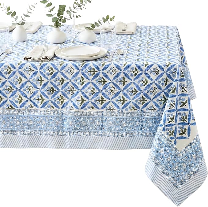 ATOSII Netta Blue 100% Cotton Rectangle Summer Tablecloth, Handblock Floral Print Linen Table Cloth for Kitchen Dining I Parties, Weddings, Outdoors, Decor 60 X 108 Inches, 8 Seater