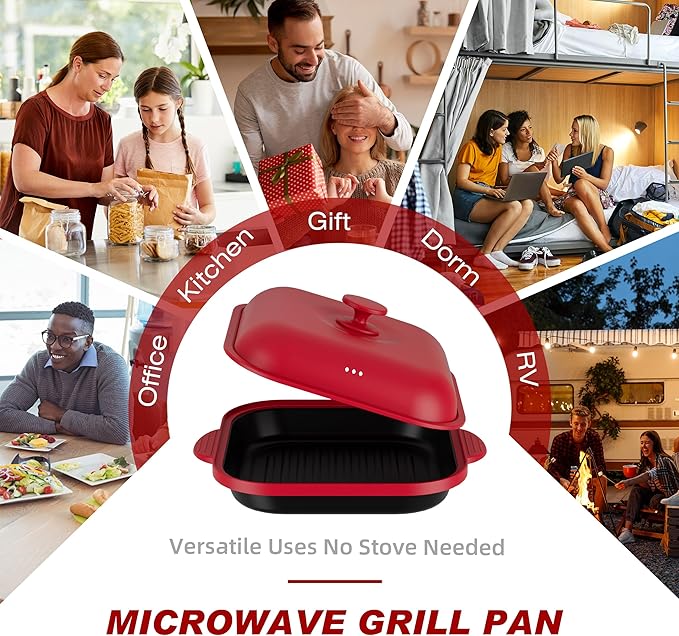 Microwave Grill Pan with Cover | Microwave Bacon Cooker | Griller & Crisper Pan for Grilling, Frying, Browning and Crisping | Microwave Cookware for Grill Meat | Dishwasher Safe for Dorms,Office,RV