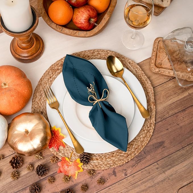 Blue Needles Set of 12 Hemstitch Linen Napkins 100% Cotton Crystal Teal Cloth Dinner Napkins 18x18 inches, Soft Reusable Absorbent Washable, Ideal for Wedding Events, Parties & Everyday Use