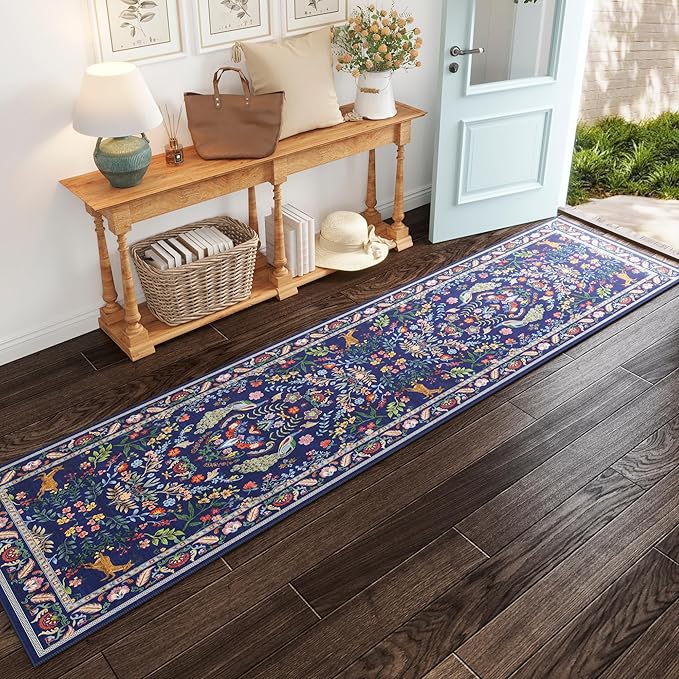 Rugcomf Runner Rug Washable Kitchen Runner 2'x 6'Runner Rug Floral Non-Slip for Entryway Indoor Soft Carpet Runner for Hallways, Kitchen, Laundry, Bedroom, Bathroom(Blue)
