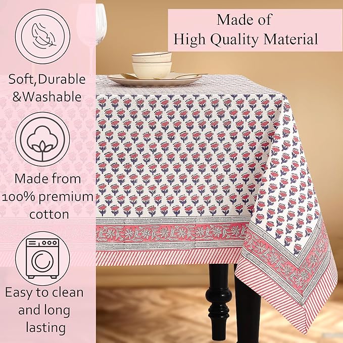 CPC Tablecloth 100% Cotton 70x118 Inch Indian Block Print Rectangle Table Cover, Table Cloth for Weddings, Spring/Summer, Barbeque -Pink Sapphire