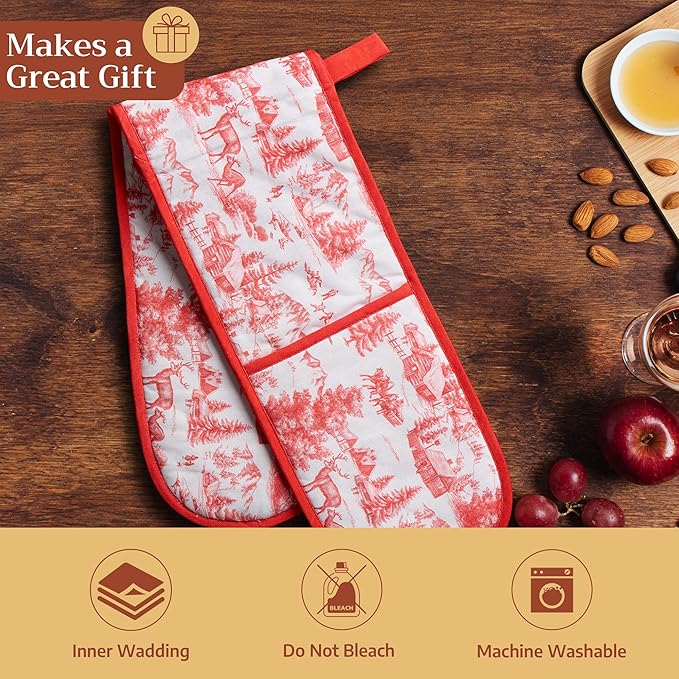 Maison d' Hermine Double Oven Mitt (7" x 35") 100% Cotton Heat Resistant BBQ Cooking Gloves with Loop for Thanksgiving Christmas Decorations Baking Cooking Barbeque Handling Hot Pan (Winter Jouy)