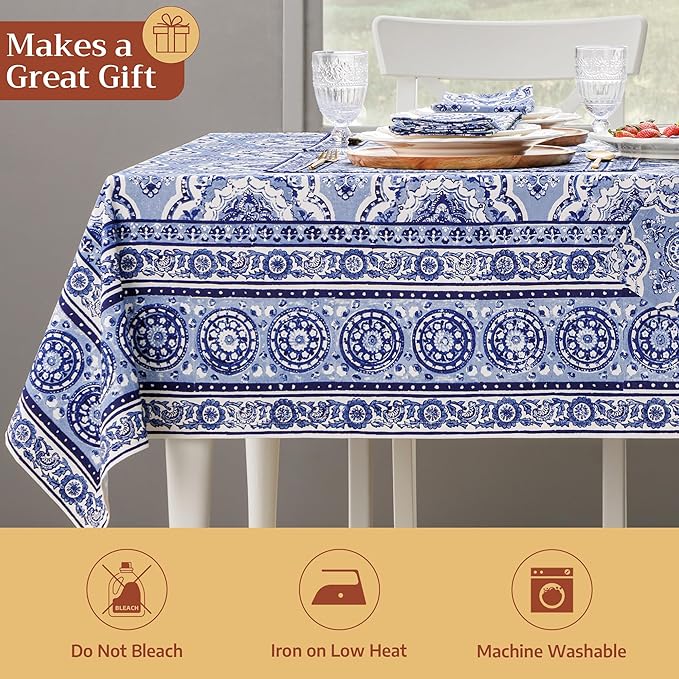 Maison d' Hermine Table Cloth Rectangle Table 100% Cotton 60 x 108 Inches Tablecloth Reusable Decorative for Dining Room Farmhouse Home Valentines Day Decorations Spring Summer - Melodie Bleue