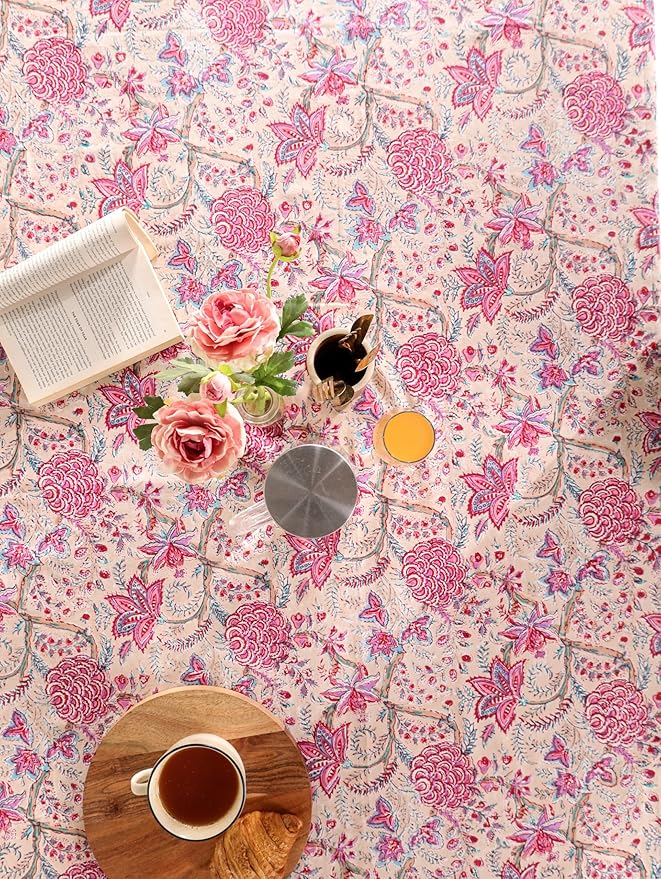 Hand Block Printed Table Cover - Exquisite Design, Premium Cotton Fabric, Perfect for Dining and Decor, Dining Table Linen (Rose Tangerine Grace, 8 Seater 72 x 108 Inches Rectangle)