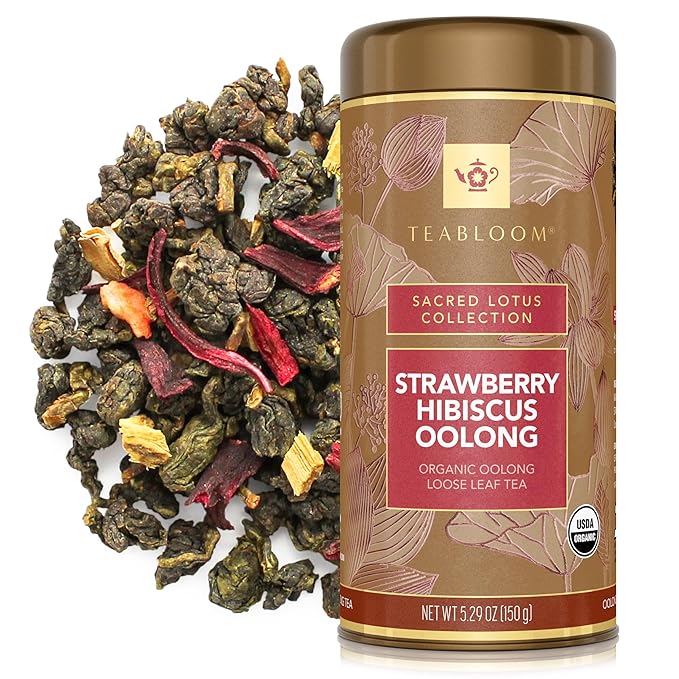 Teabloom Organic Oolong Tea, Strawberry Hibiscus Loose Leaf Tea, USDA Certified Organic, Fresh Whole Leaf Blend in Reusable Gift Canister, 5.29 oz/155 g Canister Makes 35-50 Cups