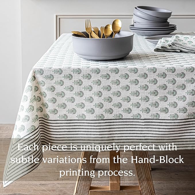Over&Back Hand-Screened Tablecloth - Dining Table Cover - Each Tablecloth is Unique - 100% Cotton - Machine Washable - Kitchen and Home Decor - Green Flower - 70x90