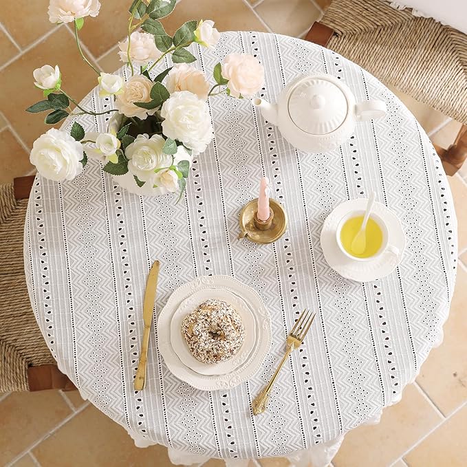 patdrea Vintage White Lace Tablecloth,Design Embroidered Cotton Ruffle Table Cloth for Round Table,Elegant Rustic Fabric Decorations for Wedding Party Thanksgiving Christmas Diameter 71"