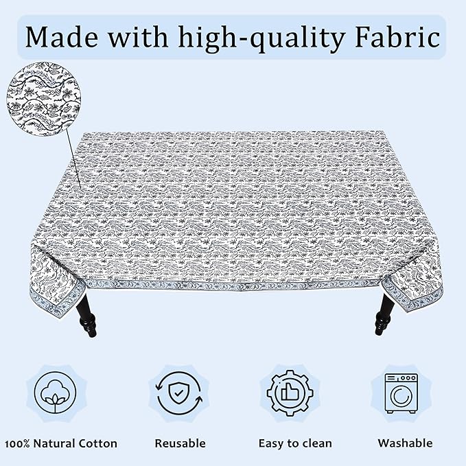 Ridhi Hand Block Print Baby Blue Eyes Rectangle Cotton Tablecloth 118" x 70" Reusable Table Cover Decorative Everyday Use for Dining, Farmhouse, Home Gift for Spring, Easter, Valentine