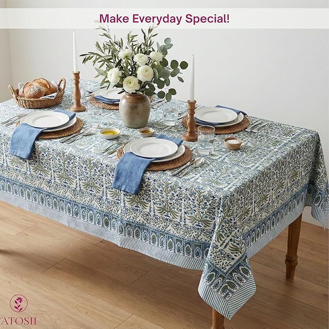 ATOSII Nargis Blue 100% Cotton Rectangle Summer Tablecloth, Indian Block Print Floral Table Cloth I Dining Parties Weddings Outdoors Holidays 60 X 108 Inches 8 Seater I Grandmillennial Farmhouse Boho