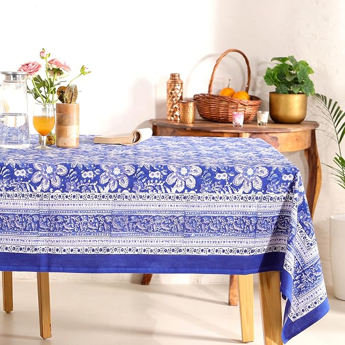 Hand Block Printed Table Cover - Exquisite Design, Premium Cotton Fabric, Perfect for Dining and Decor, Dining Table Linen (Blue Petal Harmony, 6 Seater 60 x 90 Inches Rectangle)