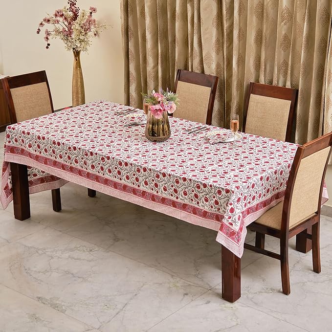 Ridhi Hand Block Print Sangria Red Rectangle Cotton Tablecloth 160" x 72" Reusable Table Cover Decorative Everyday Use for Dining, Farmhouse, Home Gift for Spring, Easter, Valentine