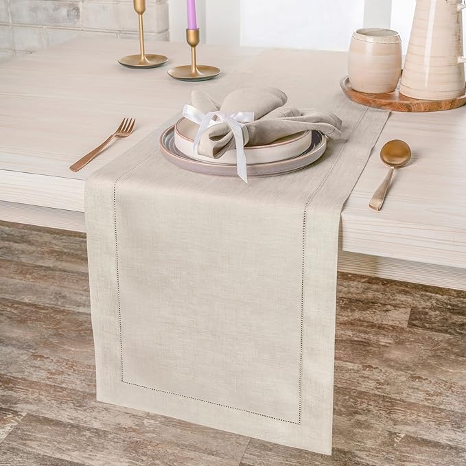 D'Moksha Homes Linen Light Natural Table Runner 36 Inches - 100% Pure Linen Small Table Runner 14 x 36 Inch Ideal for Dresser, Coffee Tables, Valentines, Spring, Easter - Classic Hemstitch