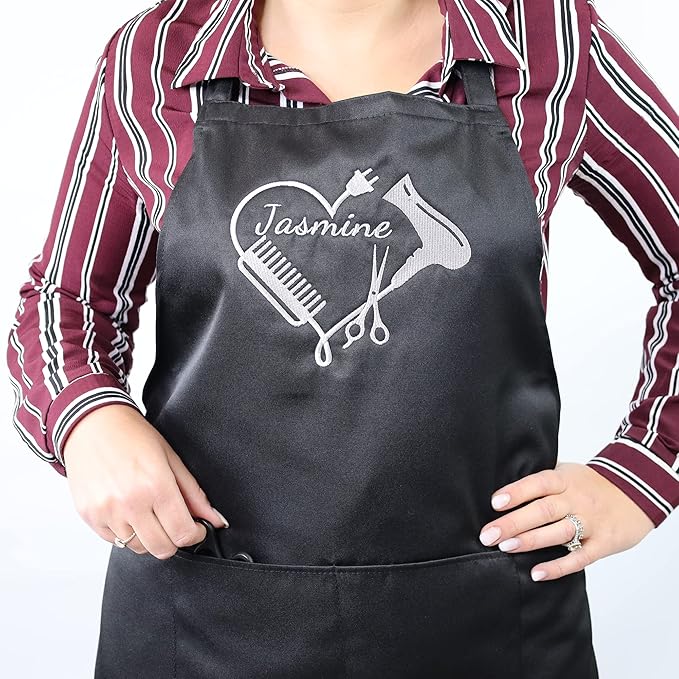 Personalized Custom Embroidered Black Hair Stylist Apron - Beauty Salon - Barber - Cosmetology - Men & Women