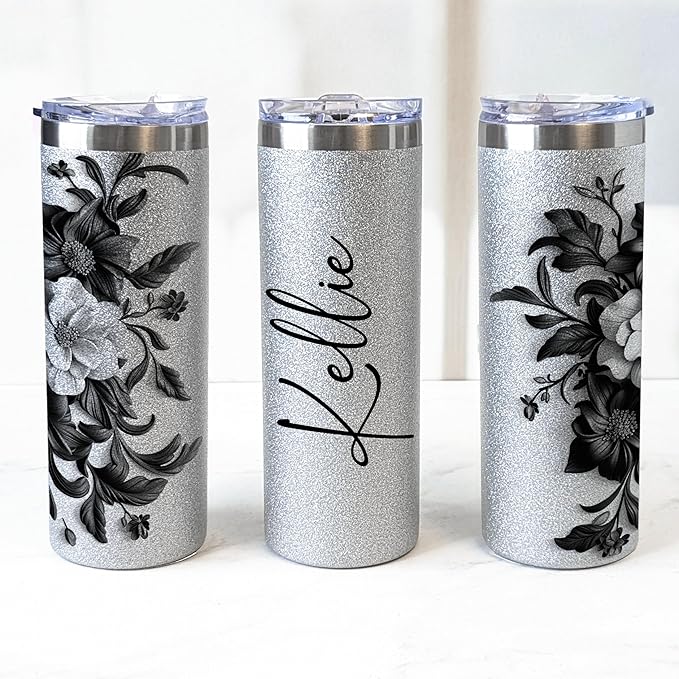 MRC Wood Products Personalized 20oz Glitter Tumbler with Floral Motif - Custom Name Insulated Cup, for Her (Silver)