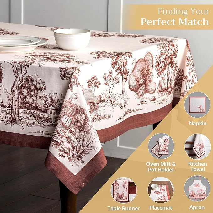 Maison d' Hermine Table Cloth Rectangle Table 100% Cotton 60 x 90 Inches Fall Tablecloth Reusable Everyday Use for Thanksgiving Christmas Decorations Dining Farmhouse Party (Holy Jouy - Brown)