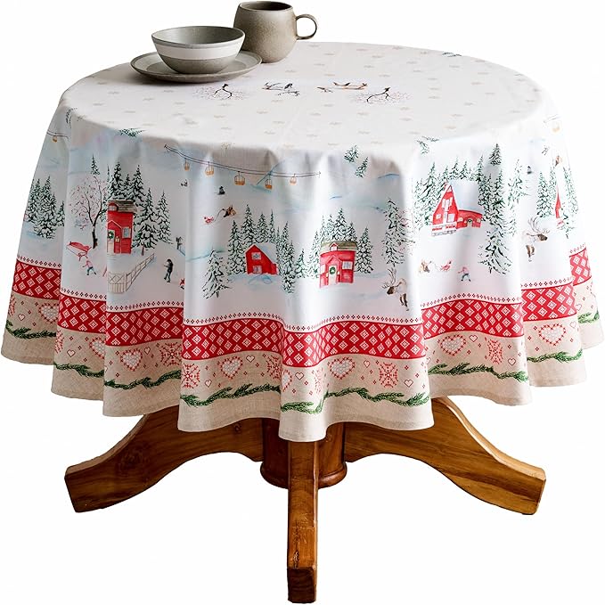 Maison d' Hermine Table Cloth Round Table 100% Cotton 69 Inches Fall Tablecloth Reusable Everyday Use for Thanksgiving Christmas Decorations Dining Farmhouse Party (Rural Christmas)