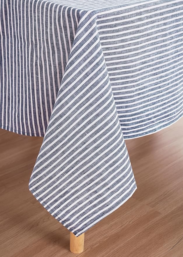 100% French Flax Linen Tablecloths Rectangle 84Lx60W Inch for Dinners, Parties, Easter, Halloween, Camping, Stone Washed, Textured, Machine Washable, 6-8 Sets (60''x84'', Blue Stripe)