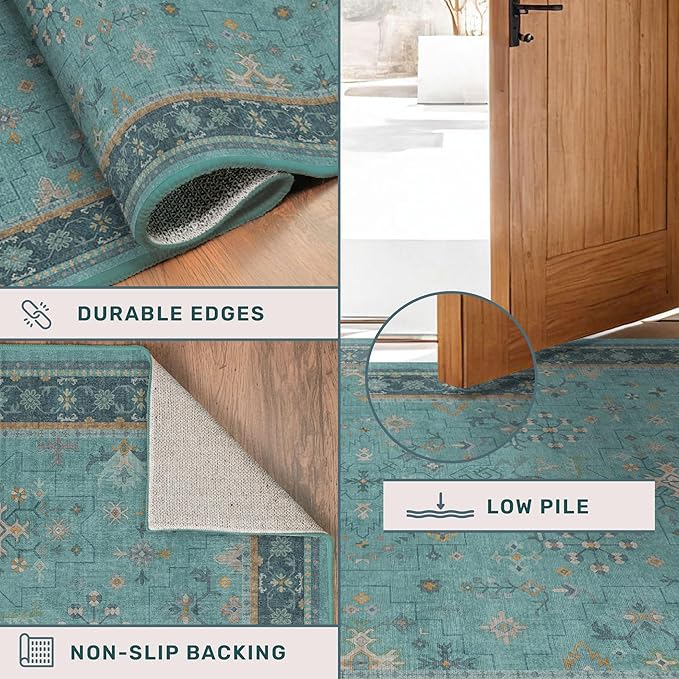 Teal 3x6 Wide Non Slip Kitchen Rug - Washable Front Door Runner Indoor Entrance, Vintage Floral Pattern Indoor Decor, Non Slip Soft Low Pile Fade Resistant