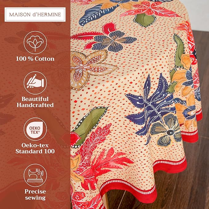 Maison d' Hermine Table Cloth Round Table 100% Cotton 63 Inches Fall Tablecloth Reusable Everyday Use for Thanksgiving Christmas Decorations Dining Farmhouse Party (Kalahari)