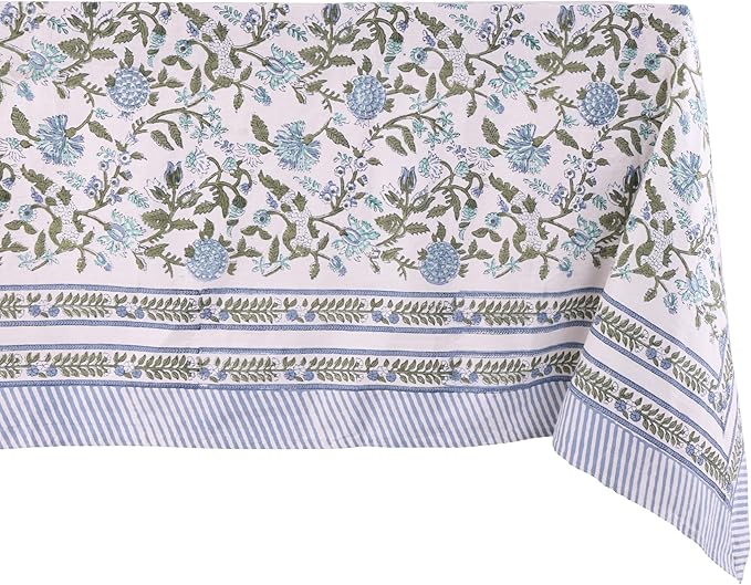 ATOSII Mahoka Blue 100% Cotton Rectangle Tablecloth, Handblock Floral Print Linen Table Cloth for Kitchen Dining I Parties, Outdoors, Weddings, Holidays, Summer I 72 X 108 Inches I 8 Seater