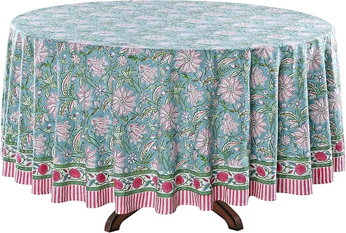 Ridhi Block Print Round Turquoise Blue Reusable Tablecloth 100% Cotton 60" Inch Decorative Table Cover eveyday Dining, Home, Party, Wedding, Farmhouse Gift for Spring, Easter, Valentine