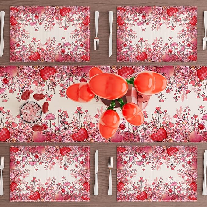 XCHI Wild Flowers Love Hearts Valentine’s Day Placemats Set of 4 Table Mats for Party Home Kitchen Dining Table Decorations 12x18 Inch