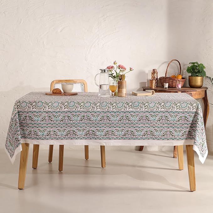 Hand Block Printed Table Cover - Exquisite Design, Premium Cotton Fabric, Perfect for Dining and Decor, Dining Table Linen (Rosy Dawn Delight, 12 Seater 72 x 135 Inches Rectangle)