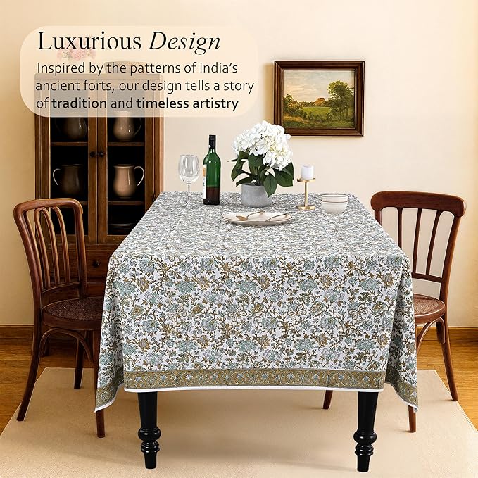 CPC Tablecloth 100% Cotton 70x118 Inch Indian Block Print Rectangle Table Cover, Table Cloth for Weddings, Spring/Summer, Barbeque -Harvest Bloom