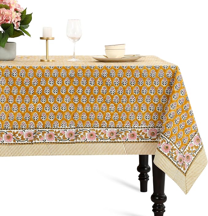 CPC Tablecloth 100% Cotton 60x60 Inch Indian Block Print Square Table Cover, Table Cloth for Weddings, Spring/Summer, Barbeque - Yellow Citrine