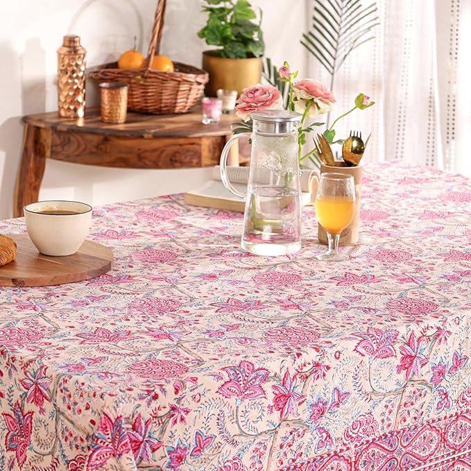Hand Block Printed Table Cover - Exquisite Design, Premium Cotton Fabric, Perfect for Dining and Decor, Dining Table Linen (Rose Tangerine Grace, 8 Seater 72 x 108 Inches Rectangle)