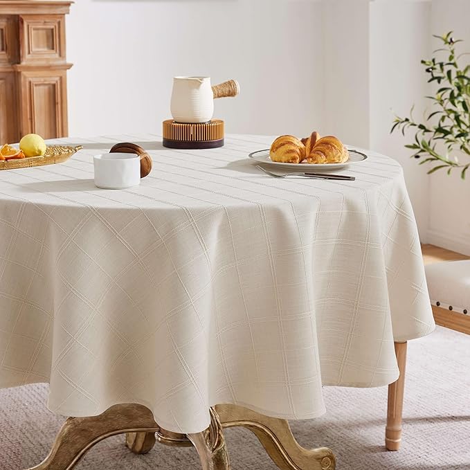 ZeeMart Linen Checked Table Cloth, Farmhouse Style Plaid Embroidered Neutral Tablecloth, Water Resistant Round Table Cloth, Beige 52 Inch Round
