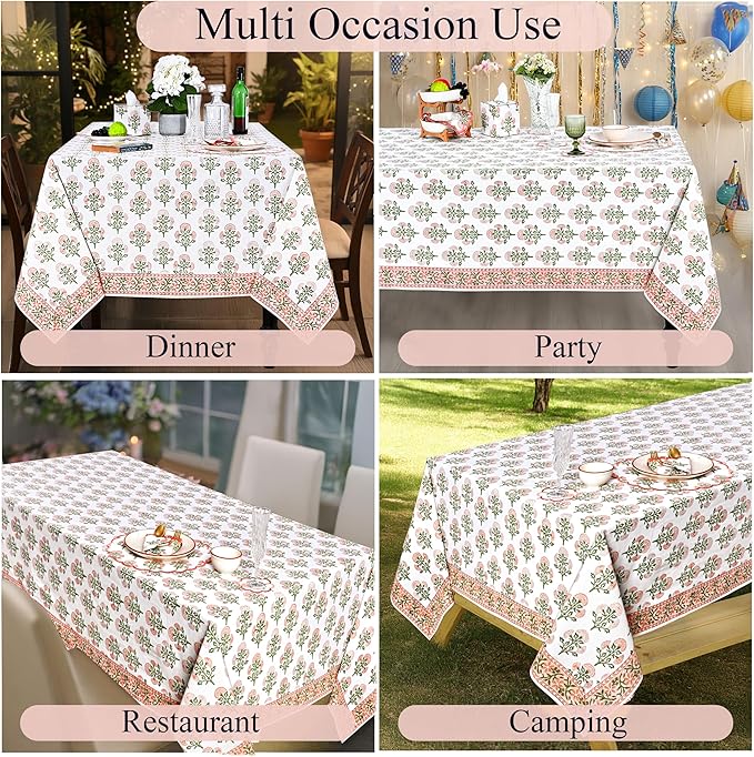 Ridhi Hand Block Print Mughal Buta Peach Rectangle Cotton Tablecloth 102" x 48" Reusable Table Cover Decorative Everyday Use for Dining, Farmhouse, Home Gift for Spring, Easter, Valentine