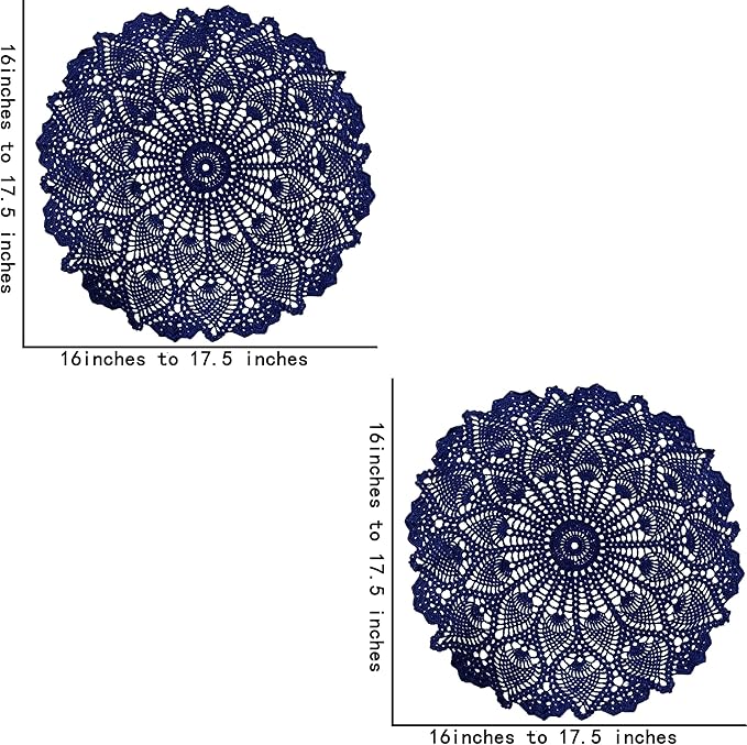 BIBITIME Lace Placemats Table Doilies Round Handmade Crochet Doily Kitchen Coffee Cup Mug Mats Dinner Place Mats (16 to 17.5 inches-2PCS, Deep Blue)