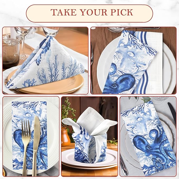 Vintage Vista Cotton Cloth Napkins Set of 4 (17" x 17") - Digital Printed Table Napkins Cloth Washable & Reusable for Everyday Use, Christmas, Thanksgiving, Halloween & More - (Blue Turtle)