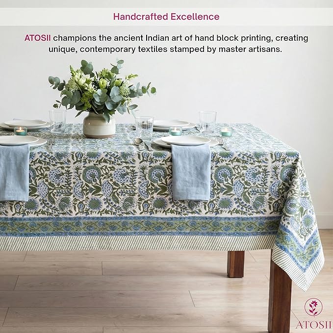 ATOSII Clover Blue 100% Cotton Rectangle Fall Tablecloth, Handblock Floral Linen Table Cloth for Kitchen Dining Table I Parties Christmas Thanksgiving I Fall Home Decor 60 X 108 Inches I 8 Seater