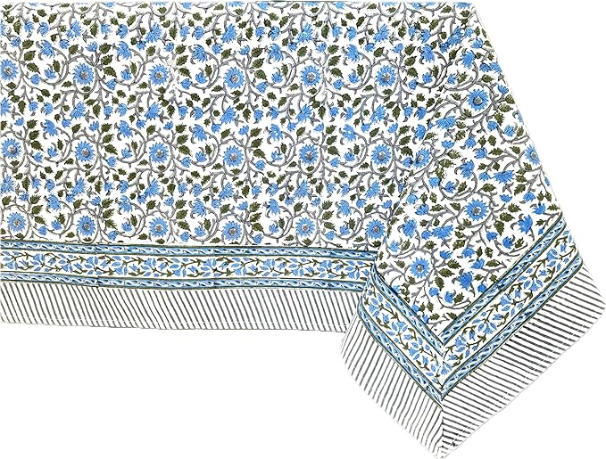 ATOSII Lake Como 100% Cotton Square Summer Tablecloth, Block Print Floral Linen Table Cloth for Kitchen Dining Table I Parties Weddings Outdoors I 60 X 108 Inches I 8 Seater I