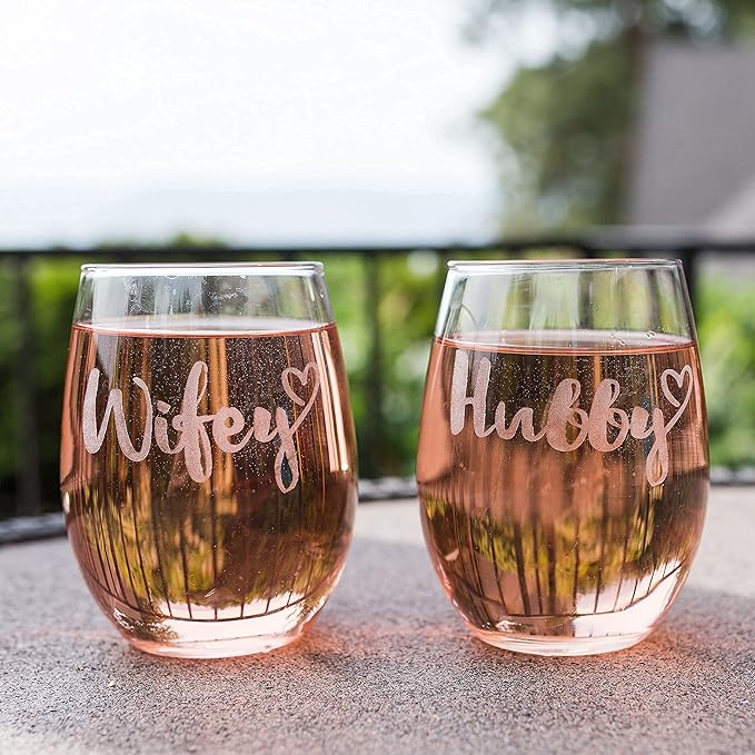 Hubby and Wifey Wine Glasses - Mr and Mrs Wedding - Engagement Anniversary Couple 20oz Stemless