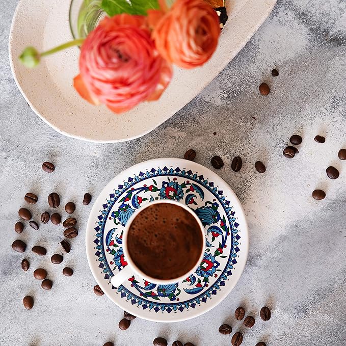 Turkish Coffee Cup Set of 2 with Saucers & Holder – Ceramic, Dishwasher-Safe, Keeps Warm – Patterned Turkish Espresso Cups Set for Home & Office (Standart, 2, Count)
