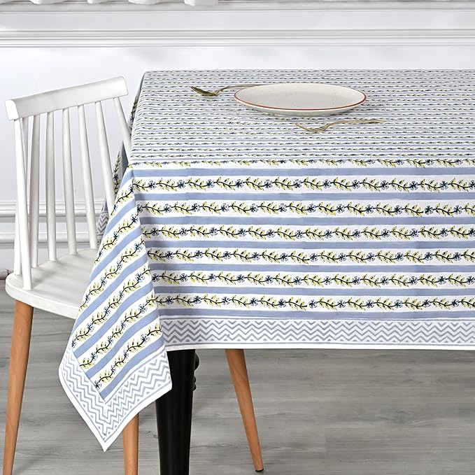 Ridhi Hand Block Print Dolphin Gray Rectangle Cotton Tablecloth 108" x 60" Reusable Table Cover Decorative Everyday Use for Dining, Farmhouse, Home Gift for Spring, Easter, Valentine