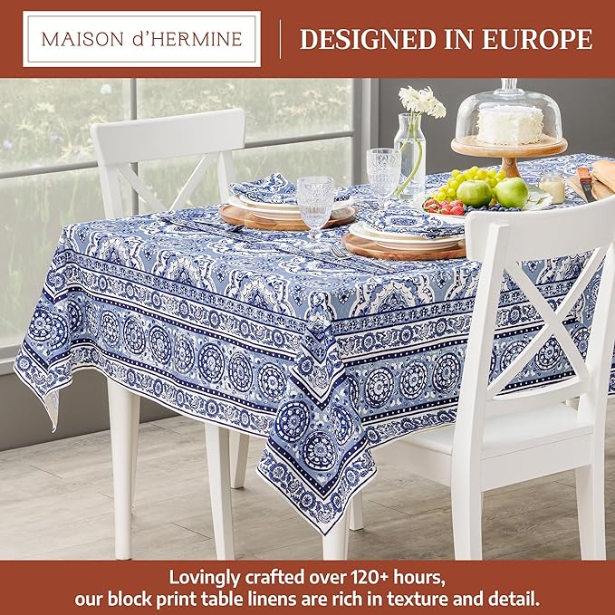 Maison d' Hermine Table Cloth Rectangle Table 100% Cotton 70 x 140 Inches Tablecloth Reusable Decorative for Dining Room Farmhouse Home Valentines Day Decorations Spring Summer - Melodie Bleue