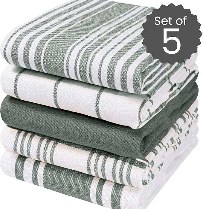 Cotton Clinic 16x28 Kitchen Dish Tea Towels Set of 5, Absorbent & Durable, Soft & Quick-Dry, Gray