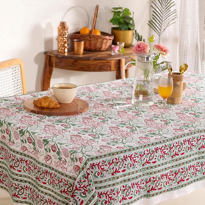 Hand Block Printed Table Cover - Exquisite Design, Premium Cotton Fabric, Perfect for Dining and Decor, Dining Table Linen (Stone Green Blossom, 12 Seater 72 x 135 Inches Rectangle)